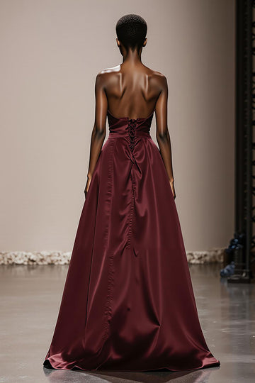 Strapless Burgundy A Line Ruched Long Evening Dress